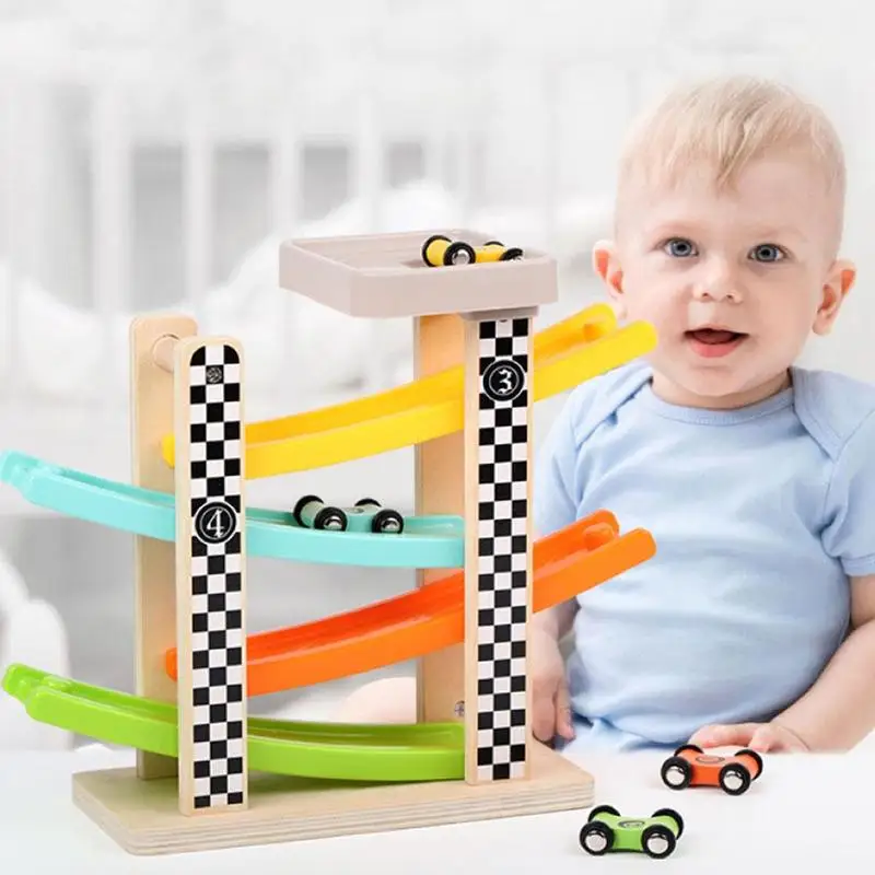 

Kids Wooden Race Track Car Educational Toys For Children Mini Inertia Cars Sliding Toy With 4 Cars Slider Ladder Slot Track Set