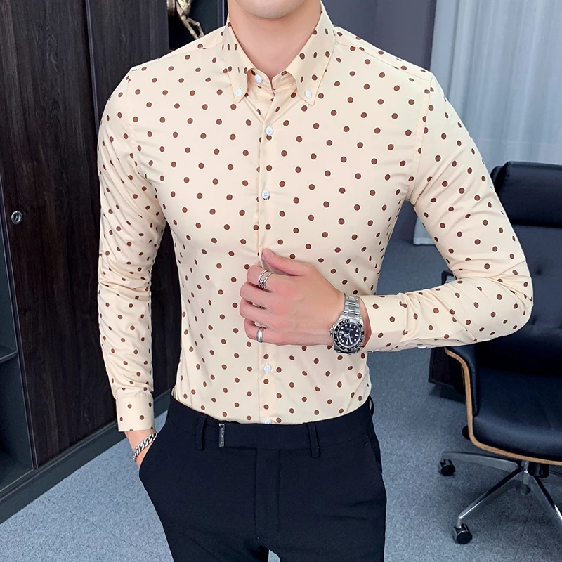 Fashion Print Casual Men Long Sleeve Shirt Stitching Dot printed Design Fabric Soft Comfortable Dress Slim Fit Style | Мужская одежда