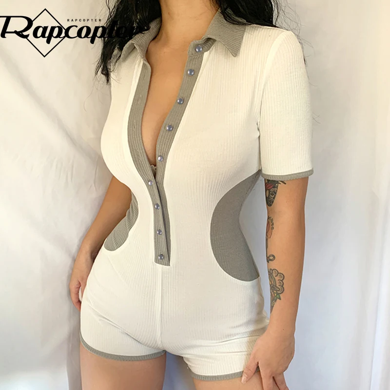 

Rapcopter y2k Patched Knitted Playsuits Short Sleeve Turn Down Collar Bodysuits Vintage Casual Lounge Biker Bodycon Women Sporty