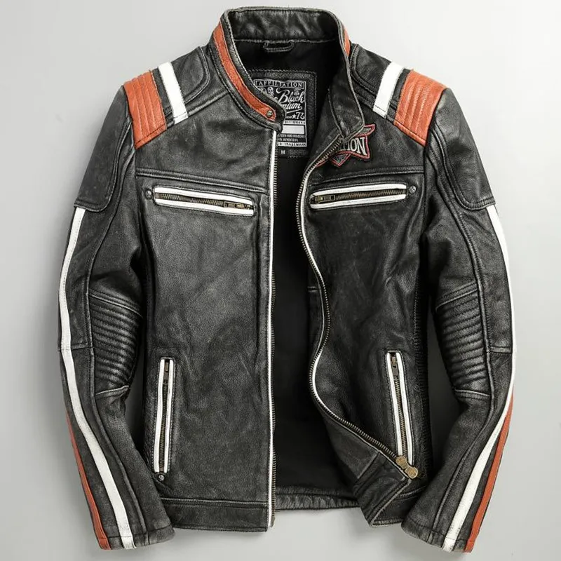 

Мужская мотоциклетная куртка из натуральной кожи, черная винтажная куртка в американском стиле, осеннее пальто из натуральной воловьей кож...