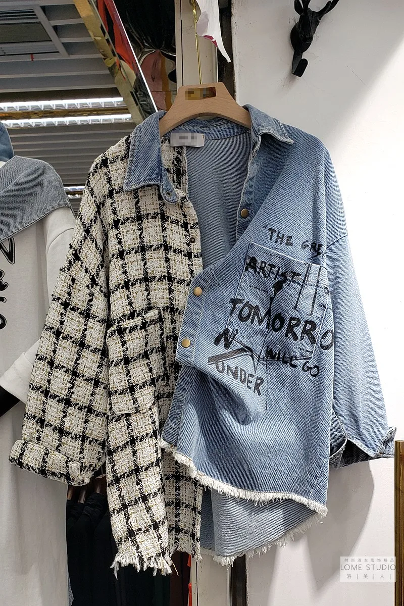 

2021 Spring New Patchwork Denim Jacket Women's Printed Letter Shirt Loose Fashion Long Sleeve Plaid Spliced Jean Coats