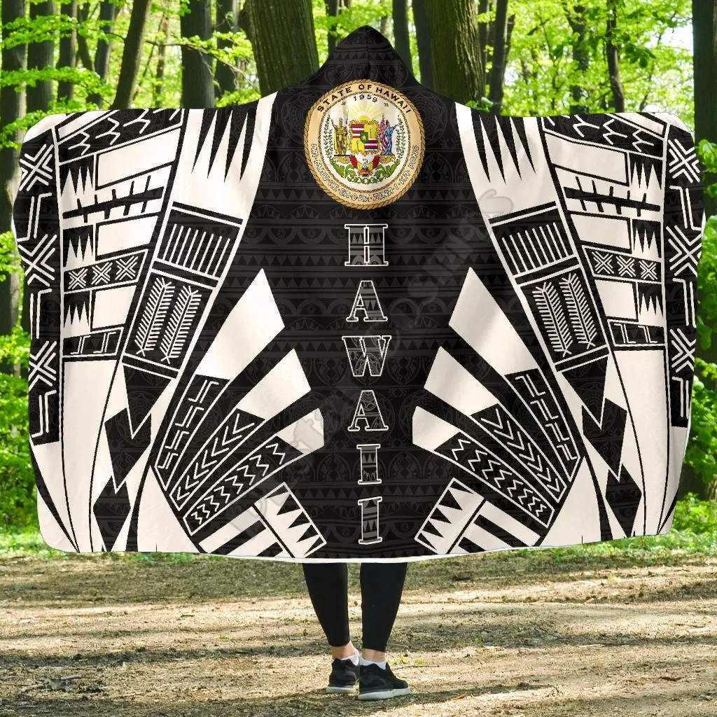 

Hawaii Hooded Blanket Polynesian Tattoo Black 3D printed Wearable Blanket Adults Kids Various Types Hooded Blanket