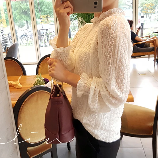 

Houthion Women's Blouse Solid Top Lotus Leaf Collar Slim Comfortable Fashion Blouses Casual Summer New Long-sleeved Tops