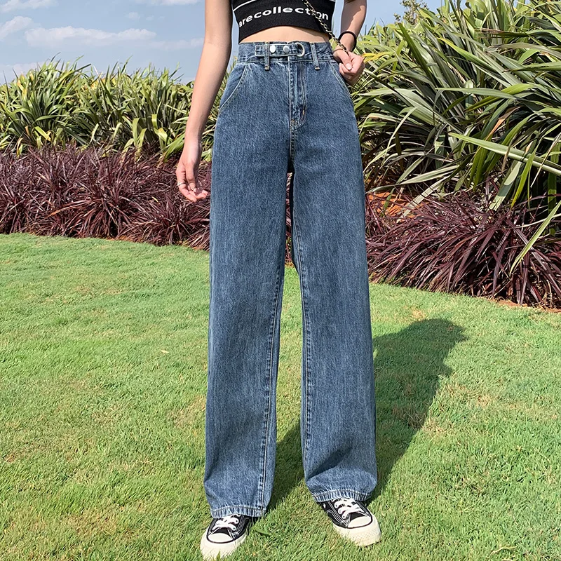 

2021 Women High Waist Loose Straight Jeans Lady Students Autumn Wide Legs Length Pants Female Jeansy Streetwear Cropped Trousers