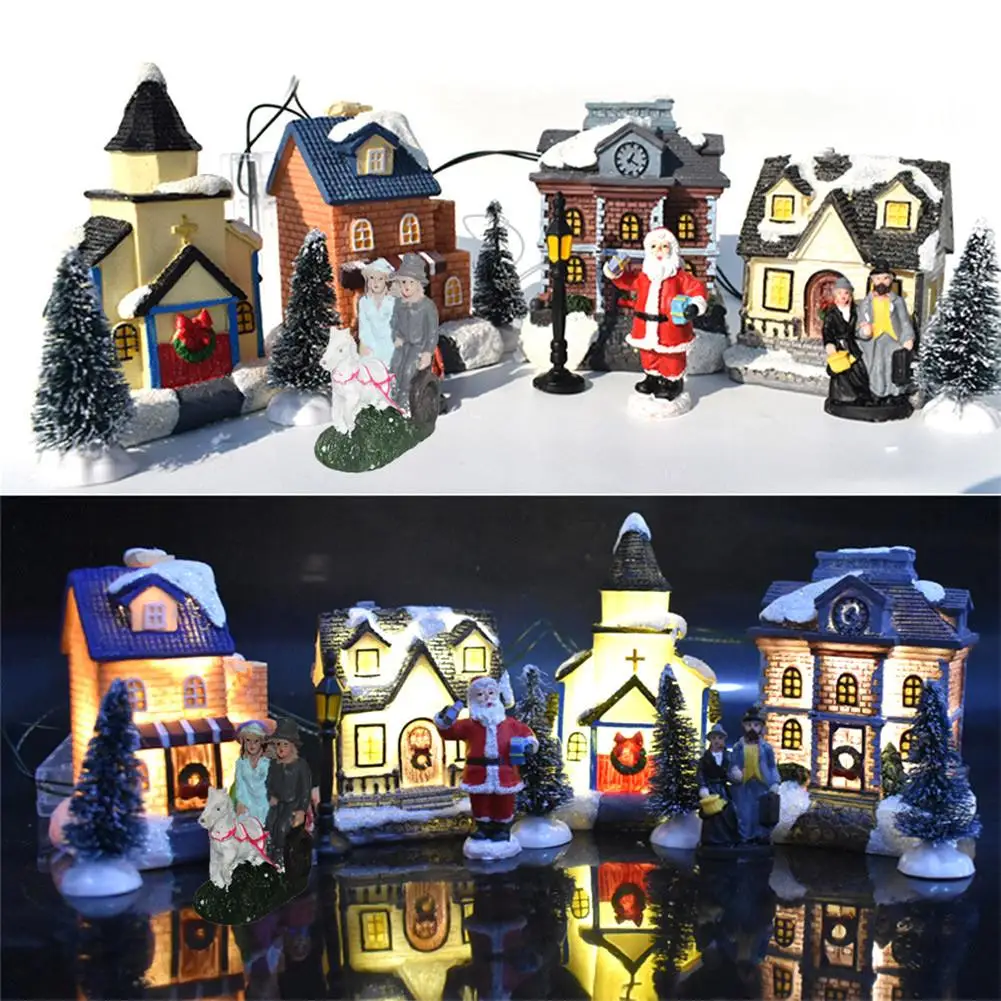 

10Pcs/Set Christmas Doll Figurine House Santa Claus Snow House Tiny Scene Sets Luminous LED Light Up Xmas Tree Village Decor