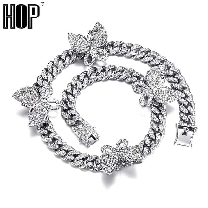 

Hip Hop Iced Out Paved Rhinestones 13MM Gold Full Miami Curb Cuban Chain With Butterfly Choker Necklaces For Men Choker Jewelry