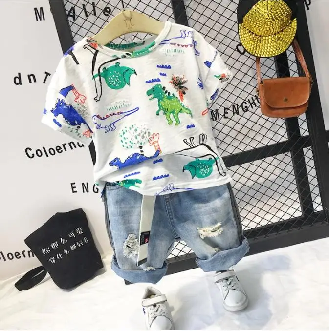 

Children Clothing Infant Kids Boys Cartoon Dinosaur T-Shirt Tops + Denim Shorts 2pcs Outfits Boys Clothes Sets