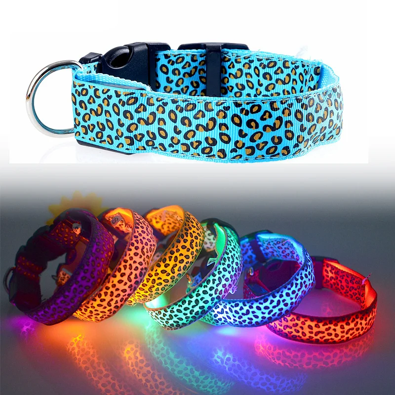 

Leopard LED Dog Collar Luminous Adjustable Glowing Collar For Dogs Pet Night Safety Nylon Collar Luminous LED Bright Dog Collar