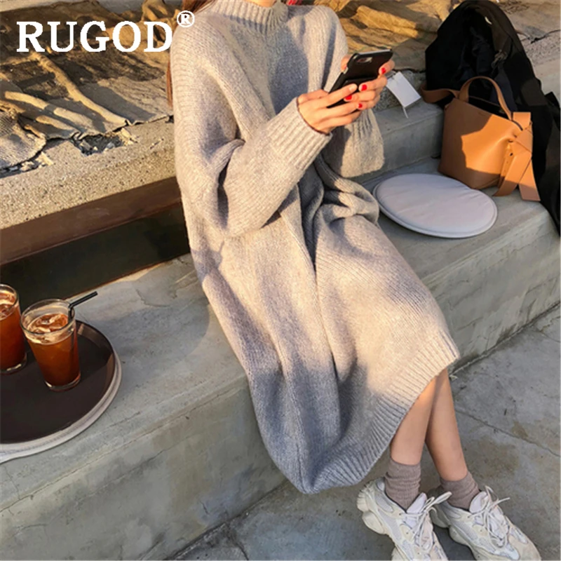 RUGOD элегантное однотонное вязаное длинное платье 2019 осень зима теплое свободное