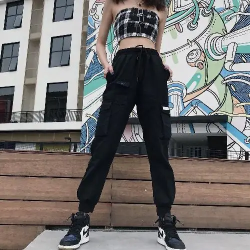 Джоггеры с лентами и карманами в японском стиле брюки карго шаровары уличная
