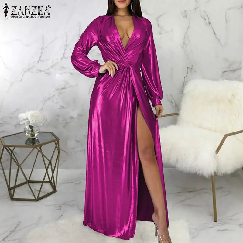 

Вечернее женское платье ZANZEA с V-образным вырезом, элегантное французское атласное яркое платье, осень 2021, однотонное длинное платье, женские...
