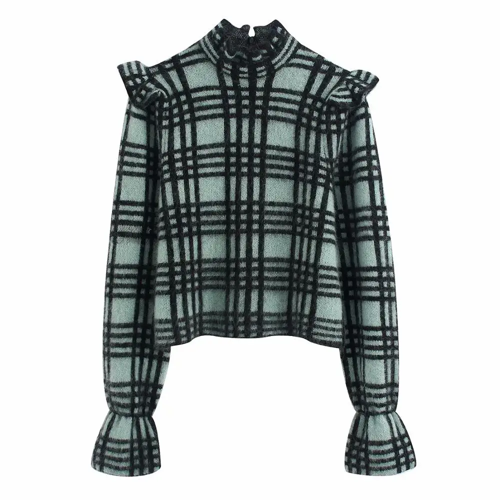 ZA новый женский черный зеленый плед водолазка тянет тонкий мохер мягкий удобный