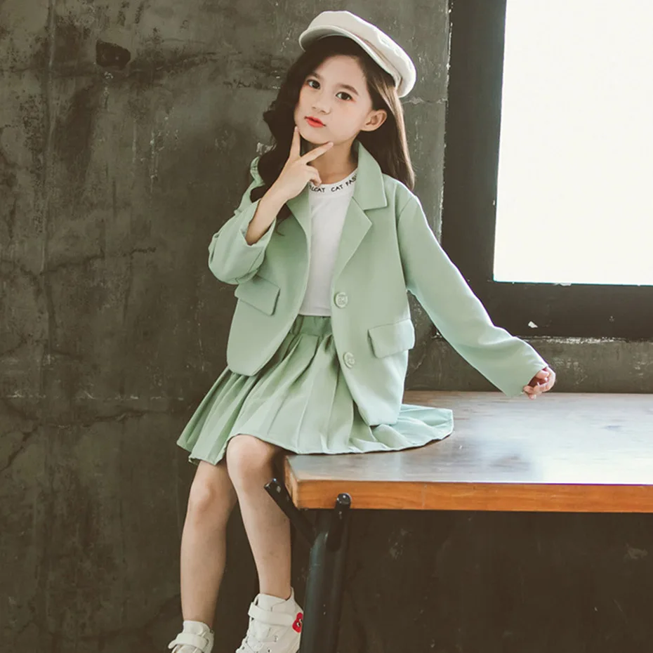 Одежда для девочек плиссированная юбка и куртка одежда однотонная верхняя