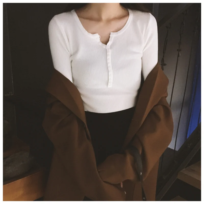 Fall Solid Cotton Women Sweater 2022 V-neck Long Sleeve Slim Elastic Pullover Chic Knit Bottoming Clothes 10305 | Женская одежда