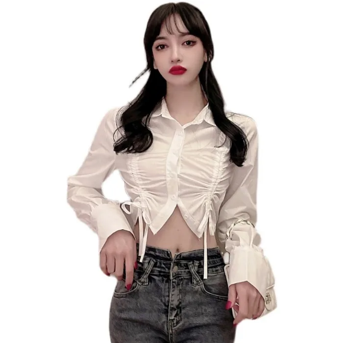 

Fashion Brand Blouse Women Sexy Crop Top Ladies Club Spring Autumn Turn-down Collar Female White Shirts Korean Clothes New