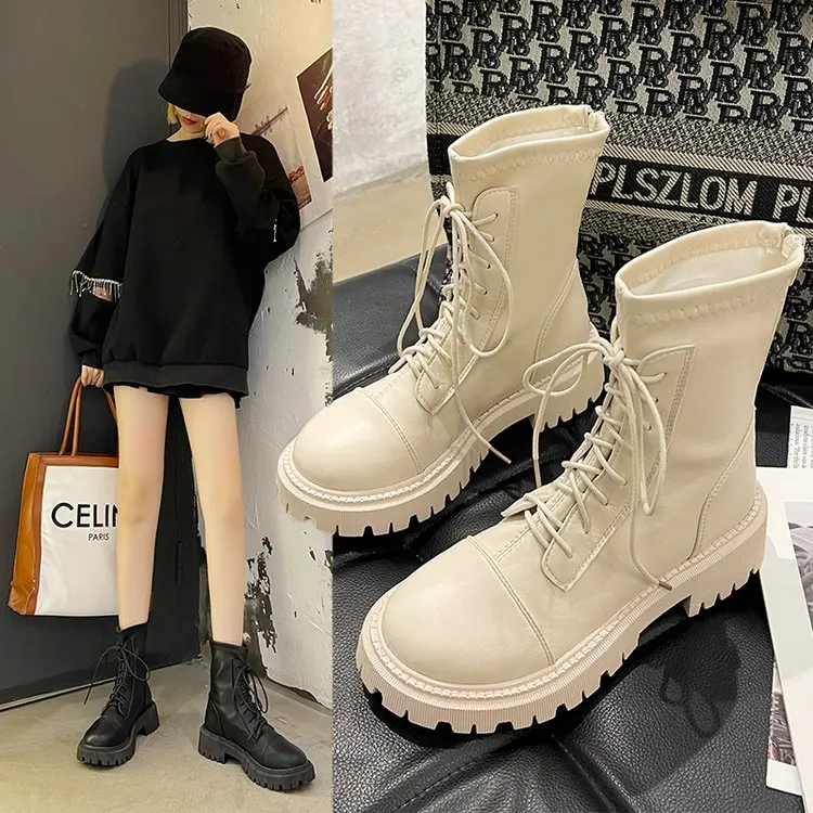 

New Single Boot Black Platform Boots for Women Korean Style Flat Ankle Boots with Fleece and Thick Cotton Shoes for Women Winter