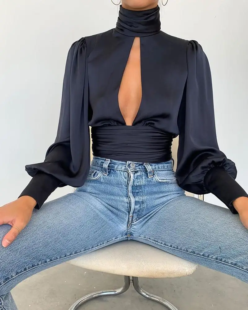 

Sexy Keyhole Halter Long-sleeved Blouse Elegant High Collar Ruffled Solid Shirt Streetwear Ladies Casual Top 2021 New Solid