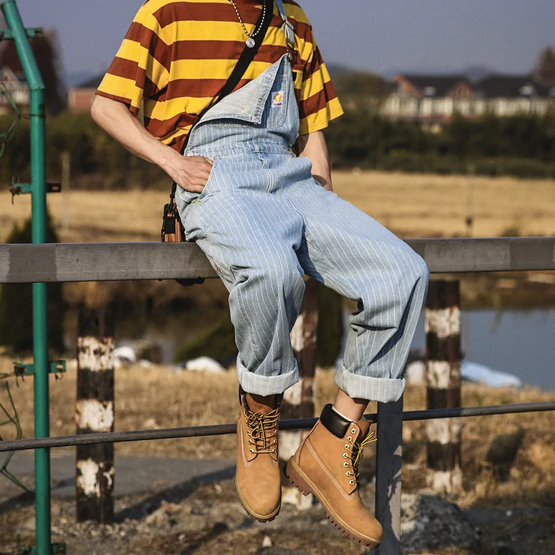 

Blue Jeans Stripe Men Punk Overalls Jean Male Straight Long Denim Rompers Pocket Loose Fit Jeans Suspender Trousers Man