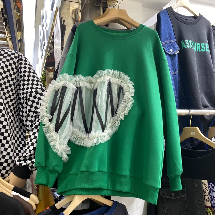 

SuperAen New Design Love Mesh Patchwork O Neck Full Sweatshirt Women's Autumn 2021 New Loose Long Top