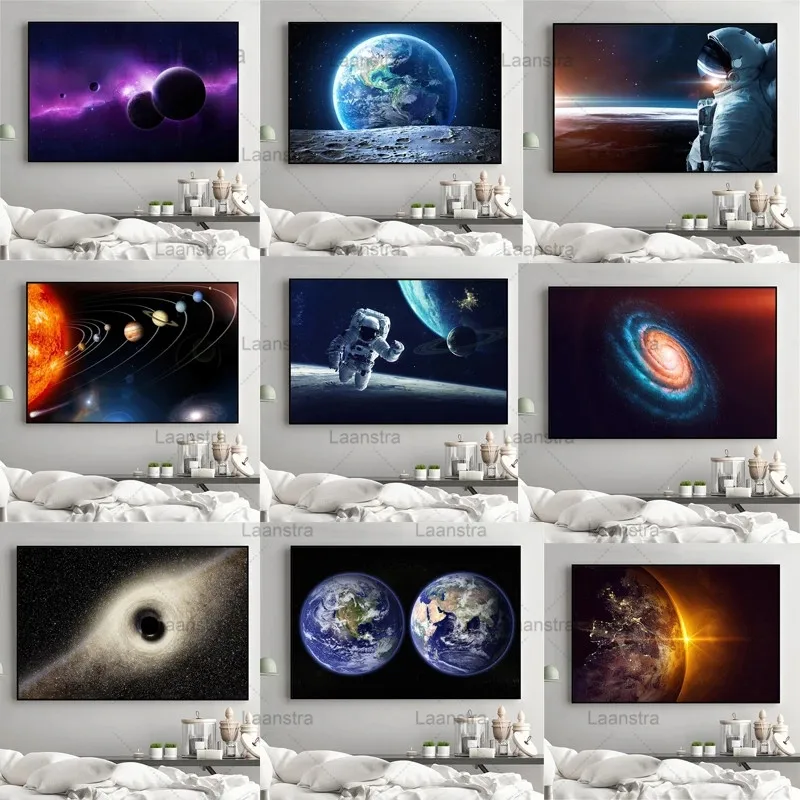 

Hd Print Galaxy Stars Canvas Painting Poster Astronaut Planet Hole Space Prins Universe Earth Wall Pictures for Living Room