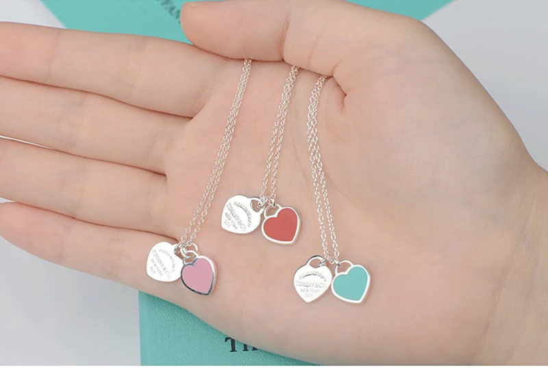 

Tiffany Original Enamel Double love heart pendant S925 Sterling silver Tiff Necklace Women brands Logo Classical Fashion gift