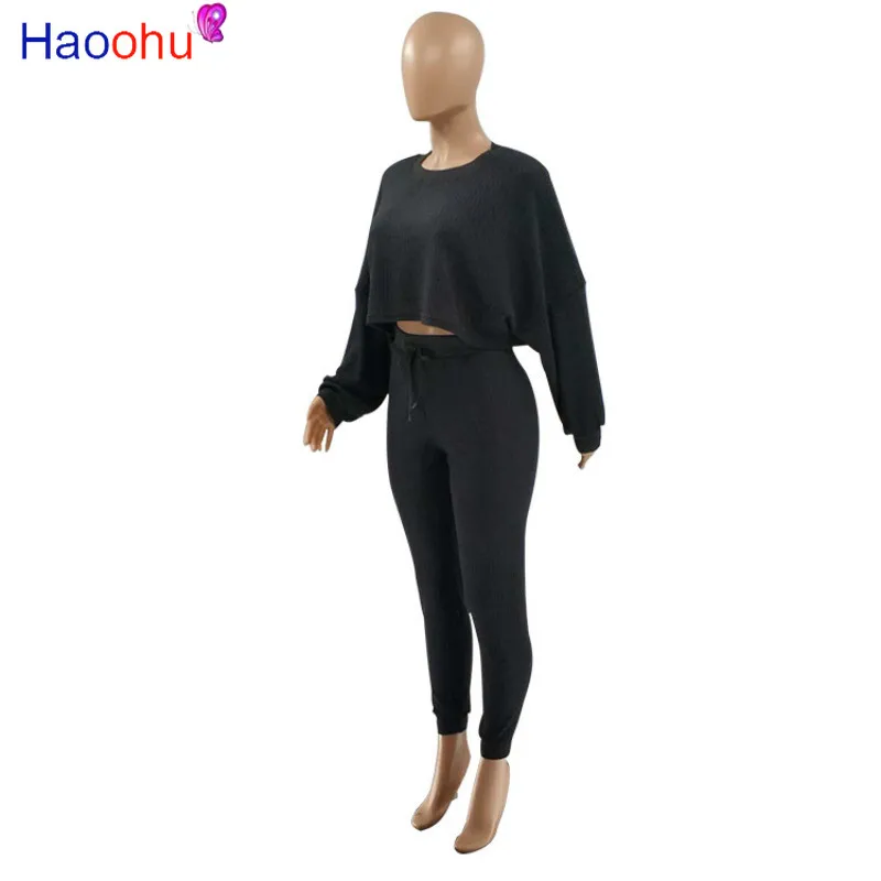

HAOOHU Solid Ribbed Sweater Tracksuit Woman Two Piece Suit Long Sleeve Pullover Top Pencil Pant Autumn Winter Knitted sets