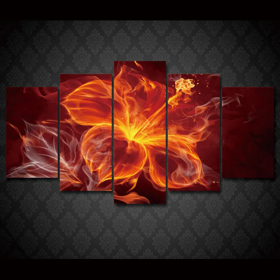 

Home Decoration Posters Pictures On Canvas Wall Art Modular Frame 5 Panel Flame Flower Living Room HD Printed Painting Modern