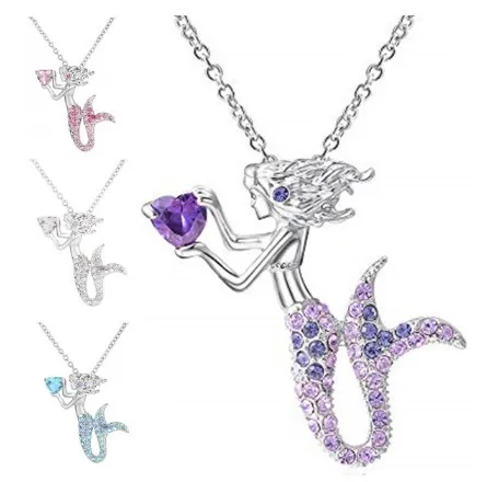 

Exquisite fashion heart-shaped crystal Mermaid Pendant Necklace, four colors, birthday party anniversary gift