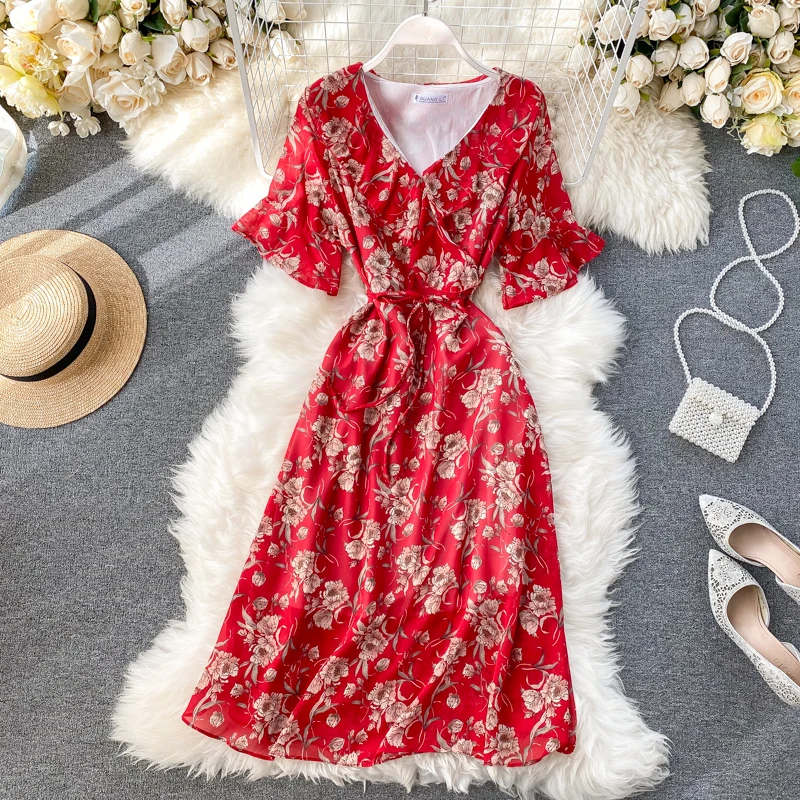 Женское элегантное платье с рюшами и v-образным вырезом в стиле ретро весна-лето