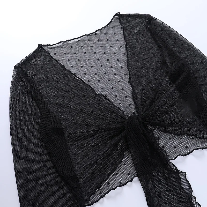 

Sexy Mesh Lace Polka Cardigan Long Sleeve Shirt Women 2021 Summer Fashion Bandage Black Crop Top Swimwears Cover-Ups