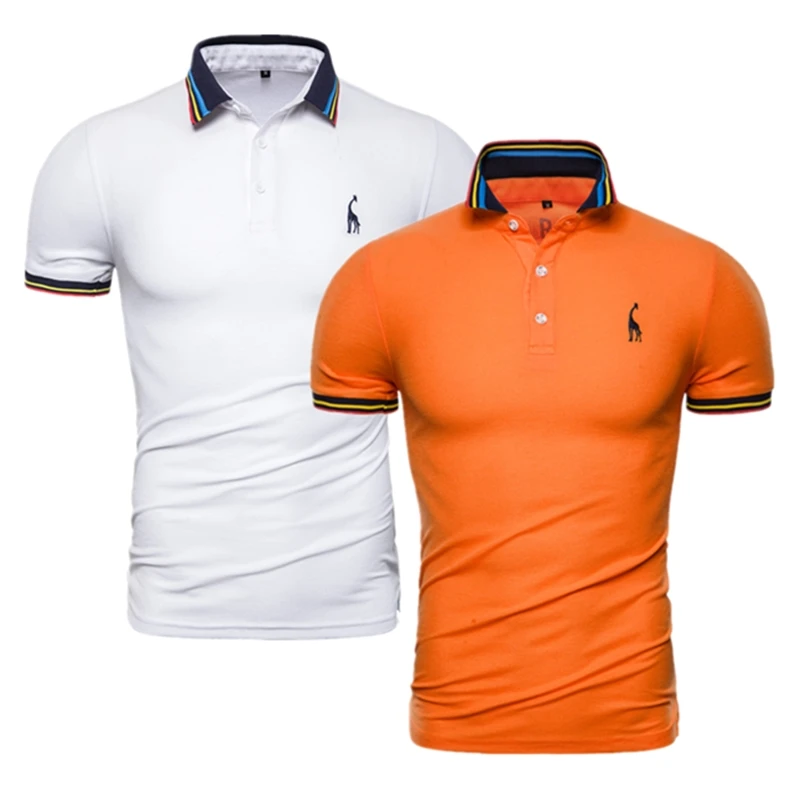 orange-white Фирменное Качество, 2 шт./лот, Мужская однотонная приталенная рубашка поло с вышитым оленем, Мужская Повседневная деловая рубашка поло, мужские топы с жирафом - Цвет: orange-white