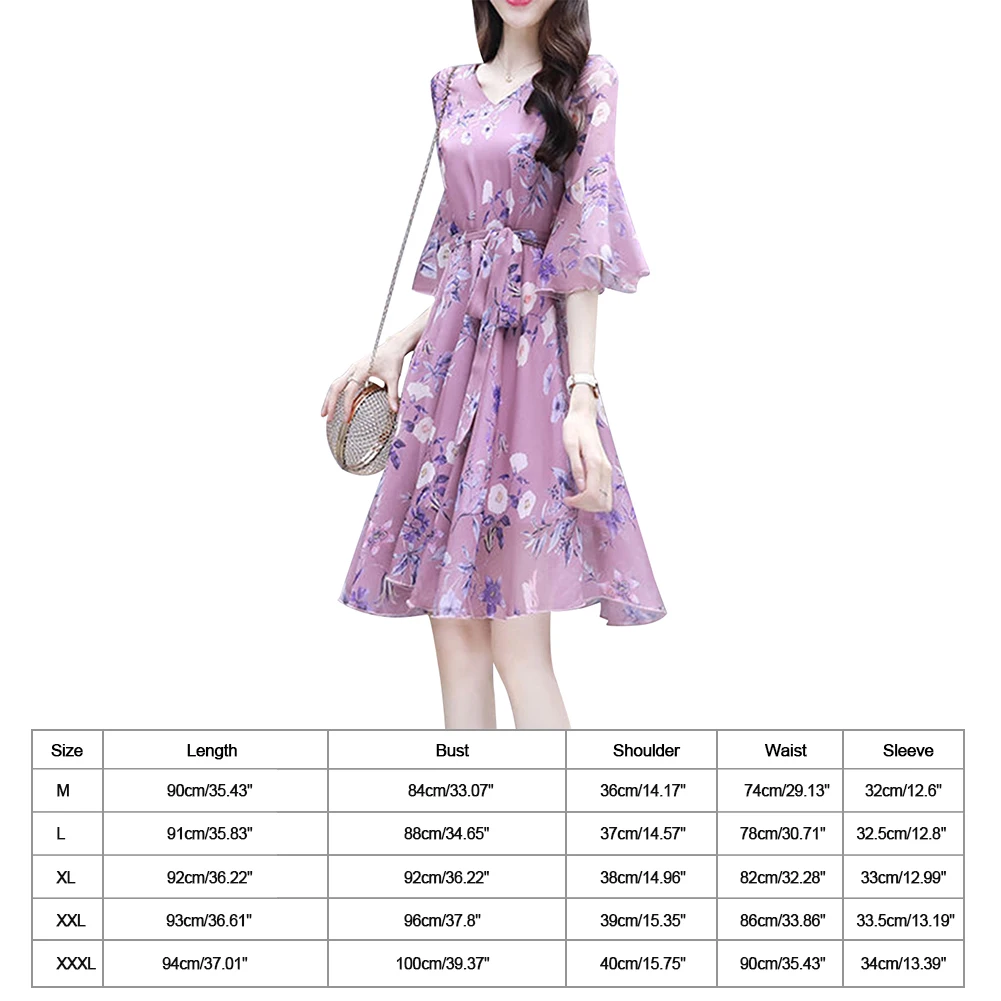 

Sexy Women V Neck Short Puff Sleeve Floral Printing A-line Dress Summer Lace-up Tunic Hight Waist Pleated Dresses Size M-3XL#38