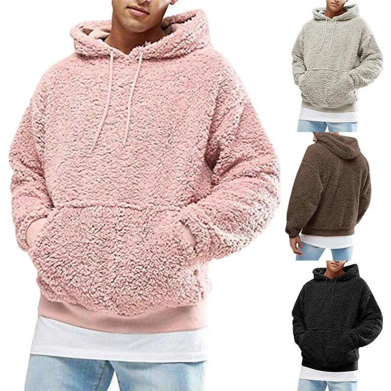Men Warm Fluffy Hoodie Pullover Fleece Sweatshirts Top Hoodie Outwear Plus Size Autumn Winter Hooded Solid Coat Jumper