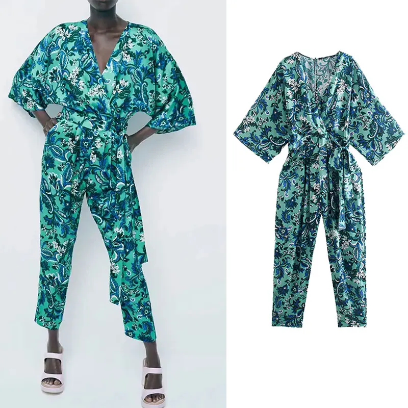 

PPYQYKX Za Jumpsuit Woman Summer Floral Print Blue Long Jumpsuit Women Overalls Fashion 2021 Tied Loose Casual Rompers Playsuits