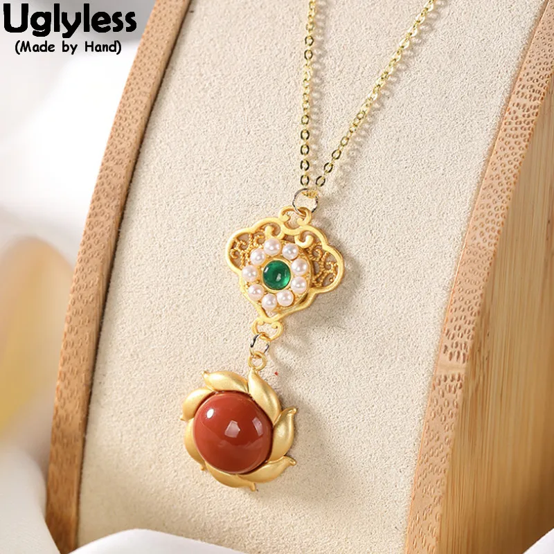 

Uglyless Handmade Sunflower Necklaces for Women Natural Agate Pearls Floral Gold Pendants + Chains 925 Silver Fashion Jewelry