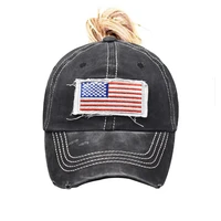 american flag embroidered washed unconstructed washed dad hat messy high bun ponycaps plain baseball cap