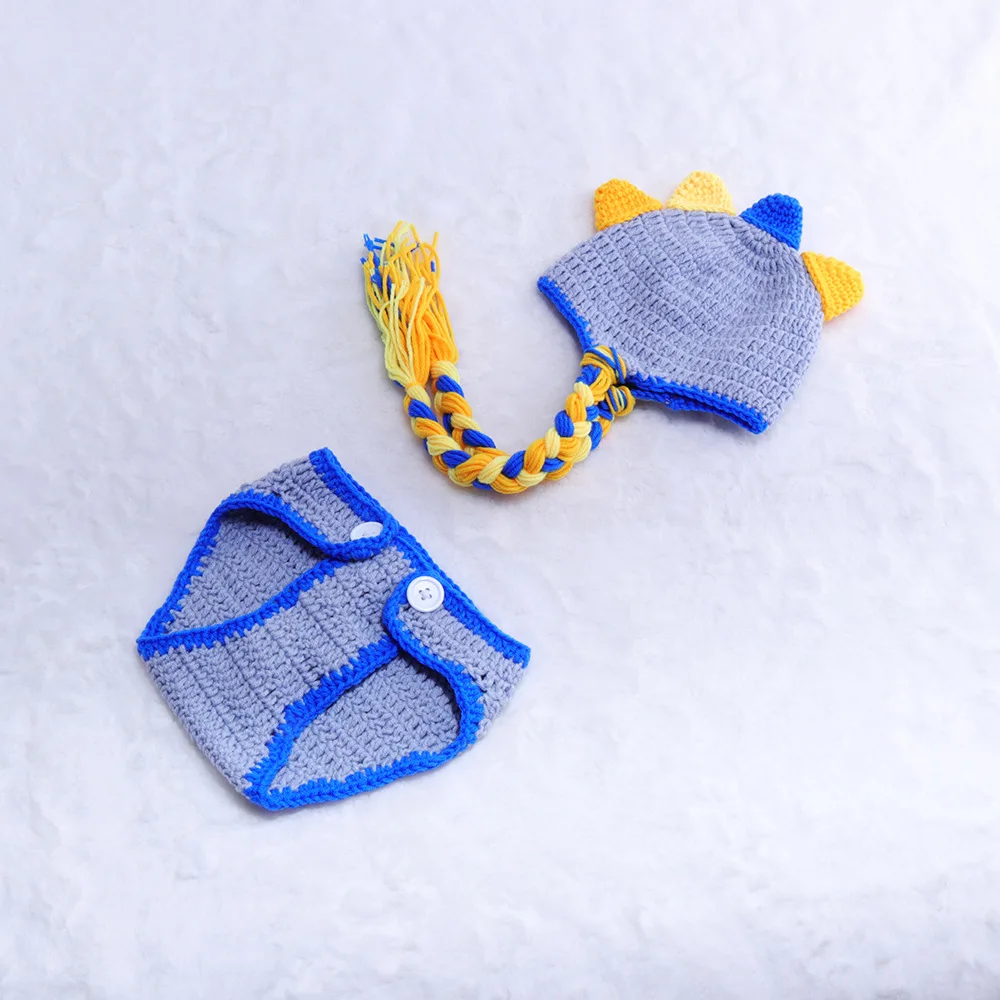Newborn Crochet Photography Props Baby Boys Dinosaur Beanies Hat with Diaper Cover Handmade Knitted Photo Costume | Детская одежда и
