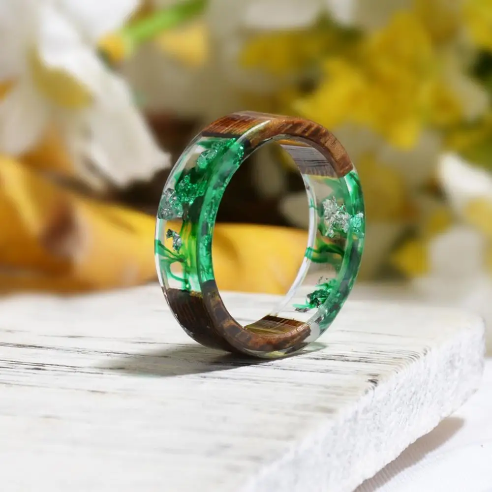 

Hot Sale Handmade Wood Resin Rings for Women Dried Flowers Plants Inside Jewelry Resin Ring Transparent Anniversary Gift