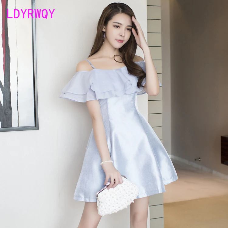 

LDYRWQY 2021 new summer dress Korean version of sling ruffled temperament one-neck slim fashion big swing dress