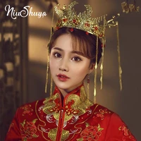 niushuya chinese wedding hair accessories gold red bridal headwear retro phoenix hair crown classic cloisonne hair jewelry