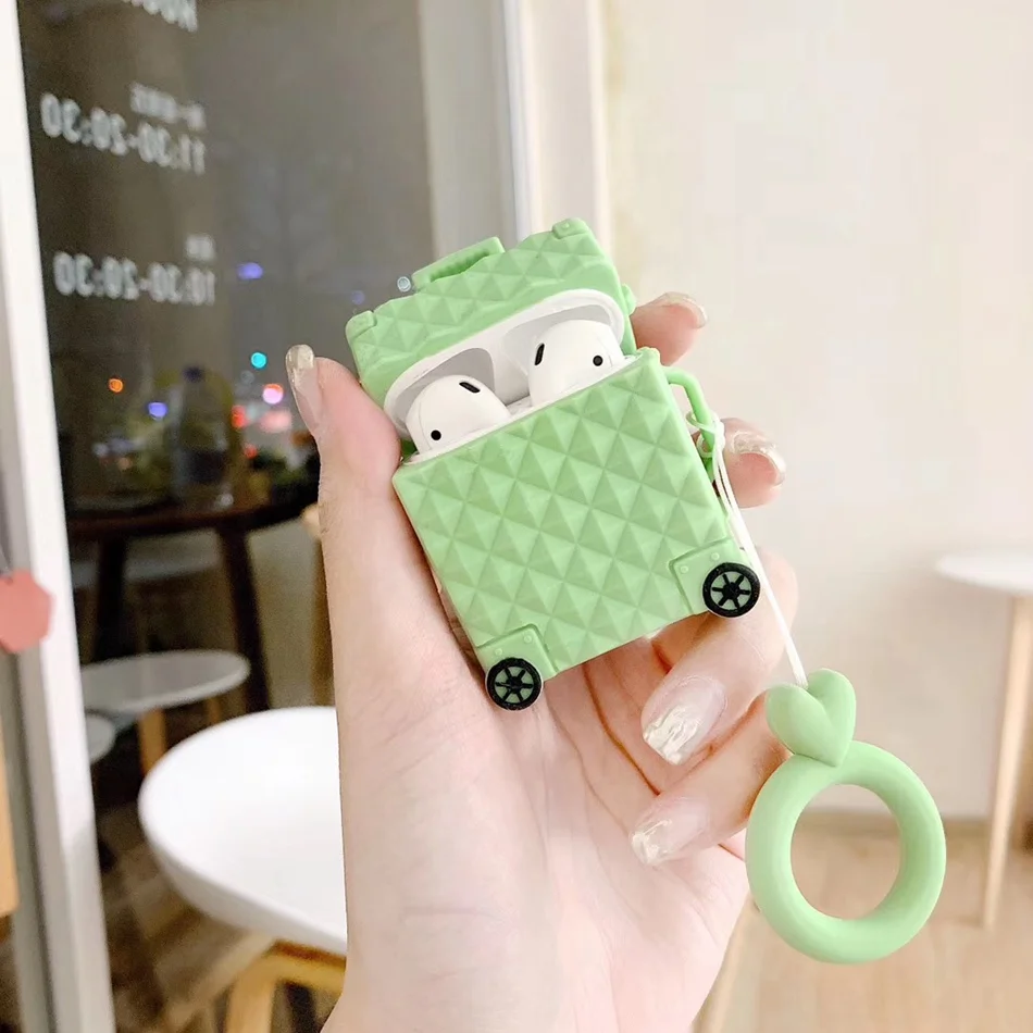 Rhombic Green Для AirPods чехол Модный милый костюм чехол для багажника Чехол для багажа для Apple Airpods 2 защитный чехол для наушников с кольцом на палец - Цвет: Rhombic Green