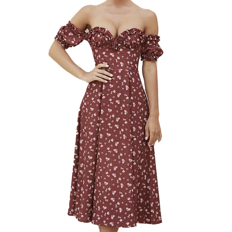 

2021 New Women's Summer European and American Sexy Fork shredded off-the-shoulder dress DME21027 #
