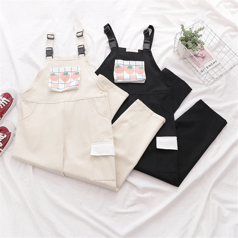 

Harajuku Kawaii Strap Pants Women Sweet Plaid Strawberry Print Casual Trousers Female Pink Overalls Girls Cute Vintage Jumpsuit