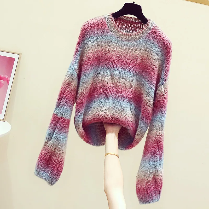 

Женские пуловеры с градиентным цветом, свитера для женщин, новинка 2020, осенне-зимний свободный Универсальный Вязаный топ с круглым вырезом ...