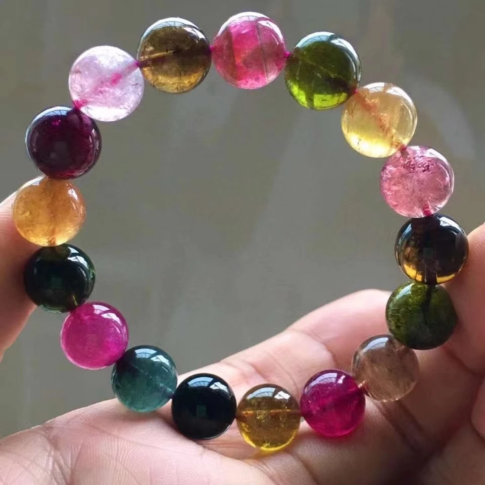 

11.5mm Genuine Natural Colorful Tourmaline Crystal Bracelet Clear Round Beads Women Men Crystal Jewelry Genuine AAAAAA