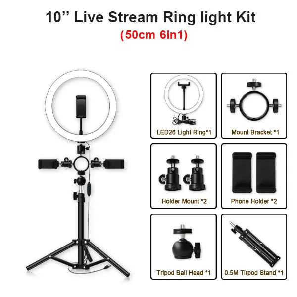 10inch type 50cm 10 дюймов, 26 см, USB интерфейс, затемненный светодиодный кольцевой светильник для селфи, камера, телефон, фотография, видео, макияж, лампа с штативом, зажим для телефона - Цвет: 10inch type 50cm