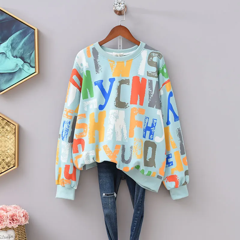 

2021 Spring Autumn Korean-Style Long-Sleeved Women Top Loose Printed Letters Hoodie Harajuku Style Round Neck Sweatshirt