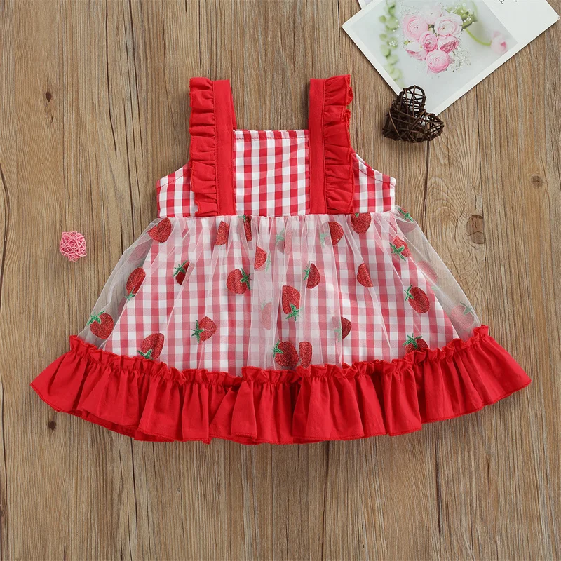 

Baby Girls Dresses Summer Toddlers Plaid Strawberry Print Sleeveless Sundress Square Collar Dress with Bow-knot For 1-3Y Infants