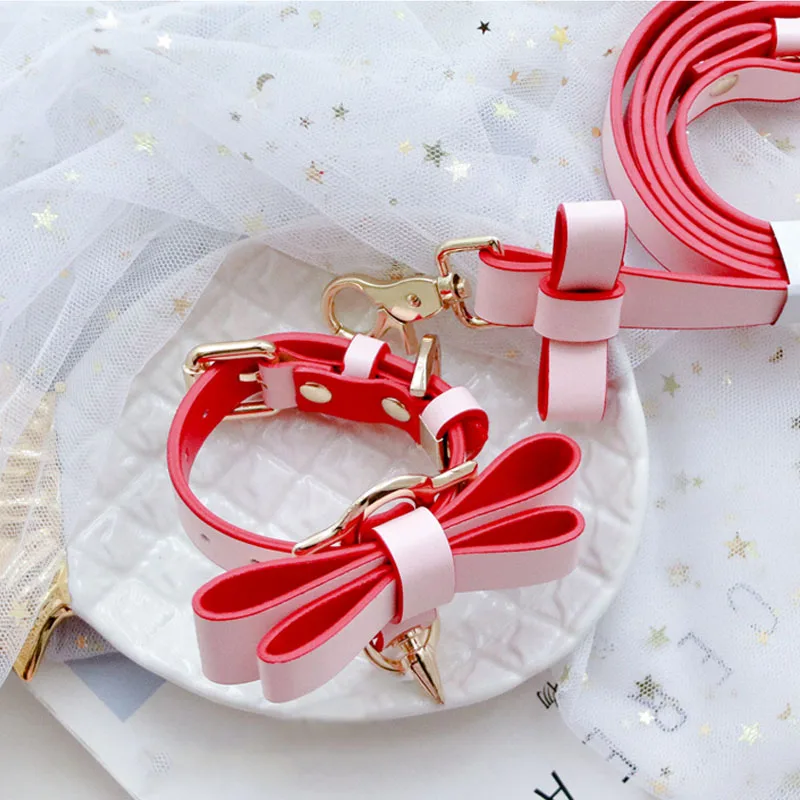 Кожаный ошейник для собак с бантом и заклепками поводок крыльями ангела кошек