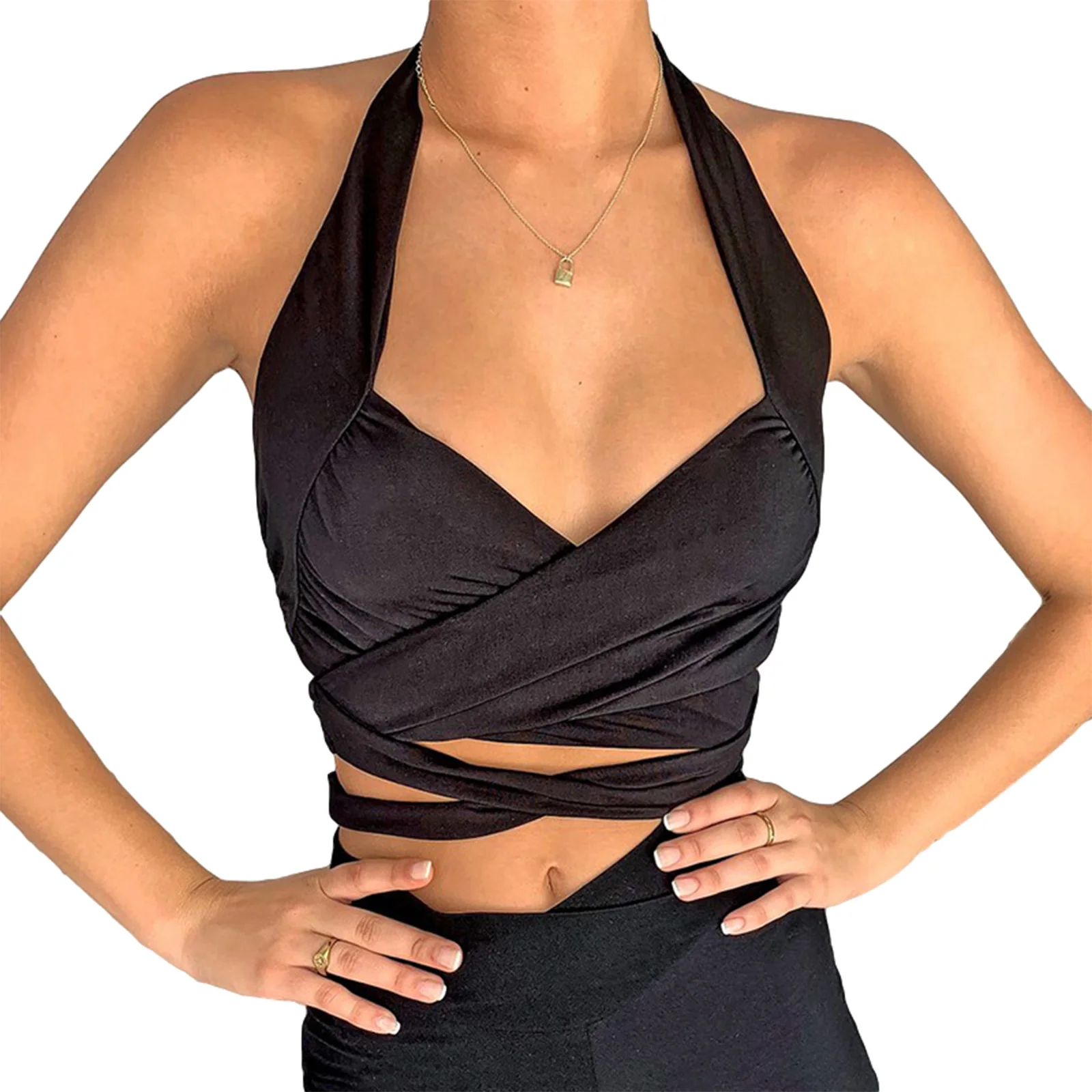 

Women's Criss Cross Tank Tops Sexy Sleeveless Solid Color Cutout Front Crop Tops Party Club Streetwear Summer Lady Bustier Tops